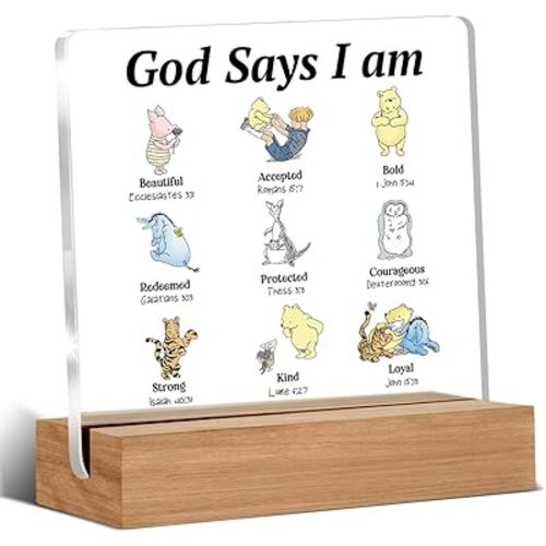 Pooh Bear Gifts for Women Christian Gifts Inspirational Gift God Says Pooh Clear Desk Decorative Sign Acrylic Sign With Wooden Stand for Office Desk Table Shelf
