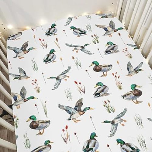 Watercolor Mallard Ducks Baby Crib Sheets for Boy Girl 52x28Inch Duck Hunting Soft Stretchy Fitted Crib Mattress Covers Wild Ducks Birds Nursery Baby Sheet for Standard Crib and Toddler Bed Mattress