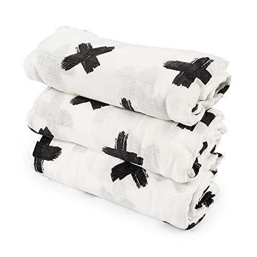 Iron Lily Baby Muslin Swaddle, Receiving Blanket Soft Bamboo Cotton Wrap Infant Newborn Boy Girl Unisex Gender Black White - Gift for Birthday Christening Shower - Set of 3 Plus/X Signs