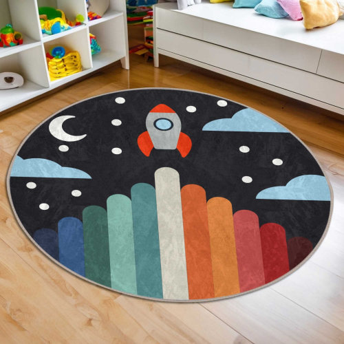 Space Rocket Rugs, Rug Boy Nursery, Space Decor For Nursery, Rocket Decor For Kids Room, Round Carpets For Nursery, Space Rocket Rugs
