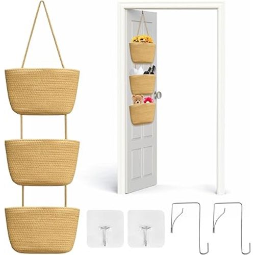 Over The Door Hanging Basket, 3 Tier Wall-Mounted Hanging Storage Basket with 4 Pcs Door Hook, Woven Cotton Rope Hanging Wall Basket Storage Decorative for Bedroom, Living Room, Kitchen(Jute)