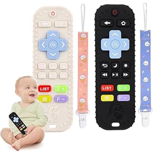 2 Pack Silicone Baby Teething Toys, Remote Control Shape Teething Toys for Babies 6-12 Months, BPA Free Baby Teethers Relief Soothe Toys, Baby Chewing Toys for Toddlers - Black & Gray