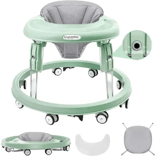Baby Walker with Wheels, One-Touch Folding Baby Walkers, 7-Speed Height Adjustment with Large Dinner Plate, Anti-Roll 8-Wheel with Brake for 6-18 Months Baby (Green)