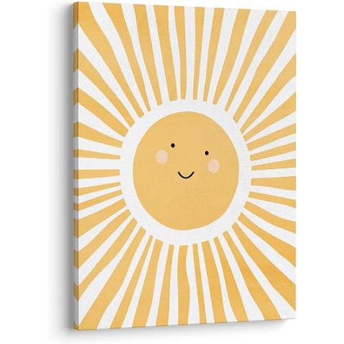 XWELLDAN Cute Cartoon Smiling Sun Cheerful Nursery Wall Art Canvas Prints,Watercolor Boho Neutral Sun Sunshine Wall Art Decor for Kids Baby Bedroom Nursery Playroom, 11 x 14 Inch, Framed