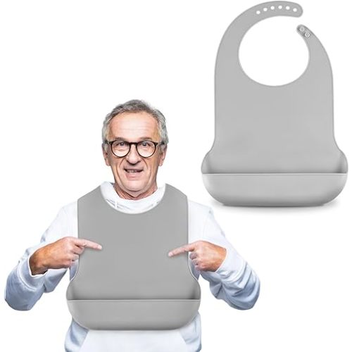 Adjustable Silicone Adult Bib, Washable Bib for Men & Women, Waterproof bib for Elderly with Crumb Catcher