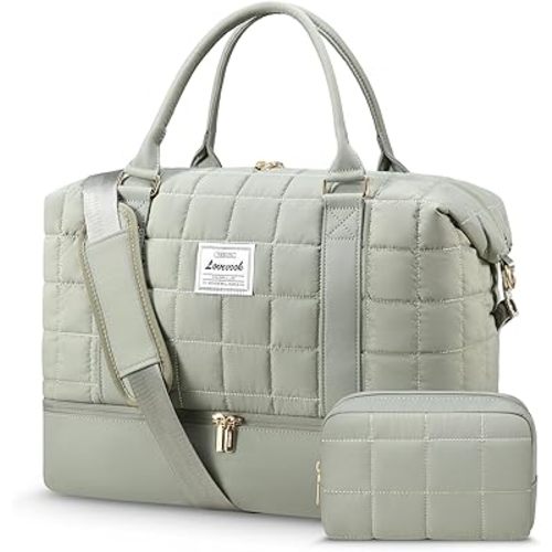 LOVEVOOK Travel Duffle Bag, Puffer Weekender Bags for Women with Shoe Compartment, Carry On Overnight Bag with Toiletry Bag,Hospital Bag for Labor and Delivery, Gym Duffel Bag with Wet Pocket,2Pcs Set