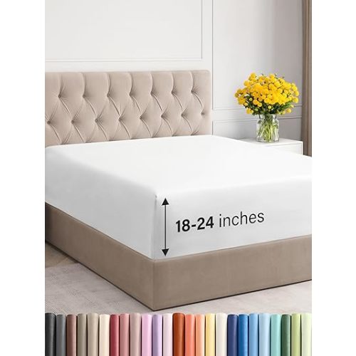Extra Deep King Fitted Sheet - Hotel Luxury Single Fitted Sheet Only - Easily Fits 18 inch to 24 inch Mattress - Ultra Soft, Wrinkle Free w/Extra Deep Pockets - Easy-Care, Breathable & Comfy - White