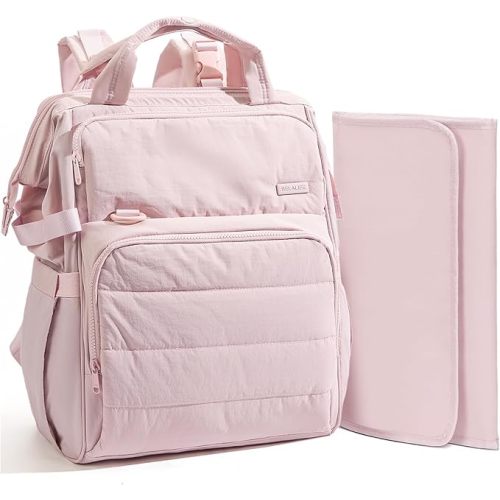 BELALIFE Baby Diaper Backpack Bag, Baby Essentials Travel Backpack for Moms Dads, with Changing Pad, Insulated Bottle Holders & Stroller Straps, Pink