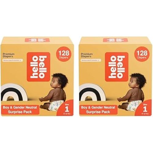 Hello Bello Premium Diapers, Size 1 (8-12 lbs) Surprise Pack for Boys - 128 Count, Hypoallergenic with Soft, Cloth-Like Feel - Assorted Boy & Gender Neutral Patterns (Pack of 2)