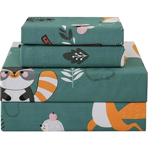 JSD Green Forest Animals Kids Sheet Set Twin Size, 3 Piece Woodland Printed Microfiber Bed Sheets Deep Pocket