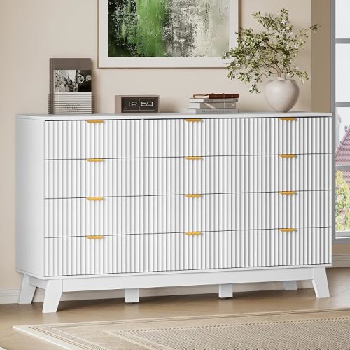 BORNOON 57" Wide Dresser for Bedroom, 12-Drawer Fluted Dresser with Metal Handles, Wood Chest of Drawers with Smooth Slides and Stable Base, Modern Storage Cabinet for Living Room, Nursery