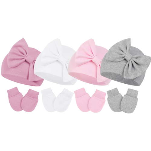 Bow Newborn Hats and Gloves Cute Winter Beanie Todder Girl with Elastic Wrist Baby Girls Mittens Infant Hat and Mitten for Newborn Boy 4 Sets for 0-6 Months