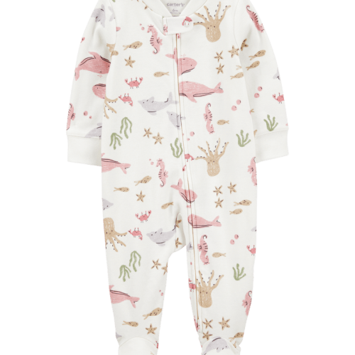 Ivory Baby Aquatic Animals Print 2-Way Zip Cotton Sleeper Pyjamas - Ivory | Carter’s Oshkosh Canada