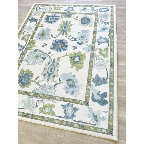 Green Oushak Rug, Modern, Vintage, Turkish, Eclectic, Floral, Pastel, Washable, Area Rugs for Living Room, Dining, Bedroom, Nursery, Girls, Boys, 5'9"x8'9"