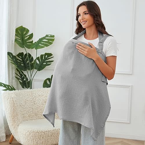Nursing Cover for Baby Breastfeeding with Rigid Hoop, Breathable Soft 100% Muslin Cotton, Baby Breast Feeding & Pumping Apron, Multi Use Baby Car Seat Stroller Cover (Grey)