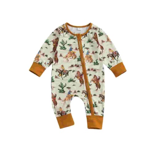 Wassery Western Baby Boys Jumpsuit Long Sleeve Cow/Horse Print Zipped Romper Bodysuits Newborn Autumn Country Cowboy Coming Home Clothes