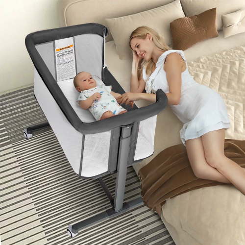 AILEEKISS Baby Bassinet Bedside Sleeper, Height Adjustable Newborn Baby Bassinet with Wheels, Grey