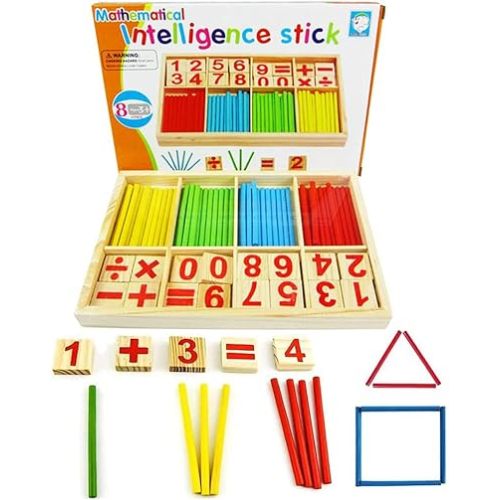 Umbresen Montessori Toys Math Educational Toy - Wooden Intelligence Sticks Number Cards and Counting Rods with Box
