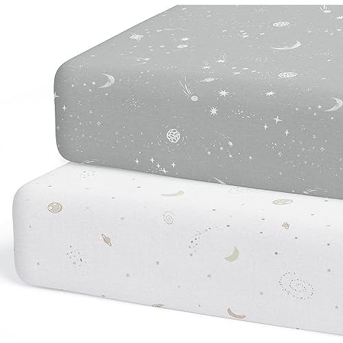 Crib Sheets Neutral - Fitted Baby Crib Sheets Bed for Girl Boy - 2 Pack Standard & Toddler Mattress (Galaxy, Moon, and Stars) - Buttery Soft Organic Cotton Blend