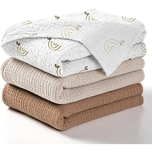 lulumoon Baby Muslin Swaddle Blankets: Soft Receiving Blanket for Newborn - Cotton Swaddling Blanket for Neutral 3Pack(Rainbow Brown)