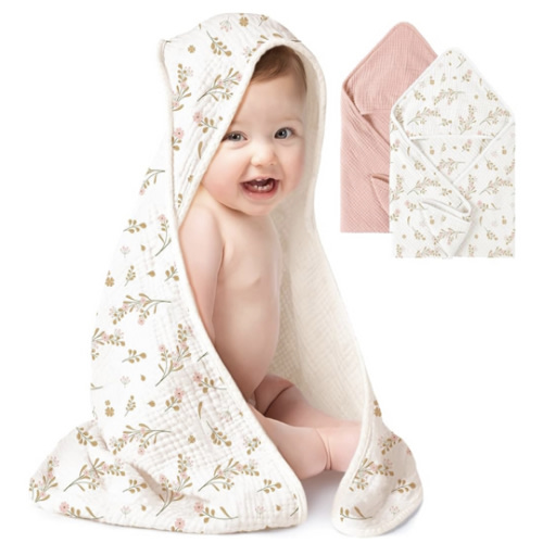 Konssy 2-Pack Muslin Hooded Baby Towels, 100% Cotton, Ultra-Soft & Absorbent Baby Bath Towels with Hood for Newborn & Infant (Pink, Floral,30" x 30")