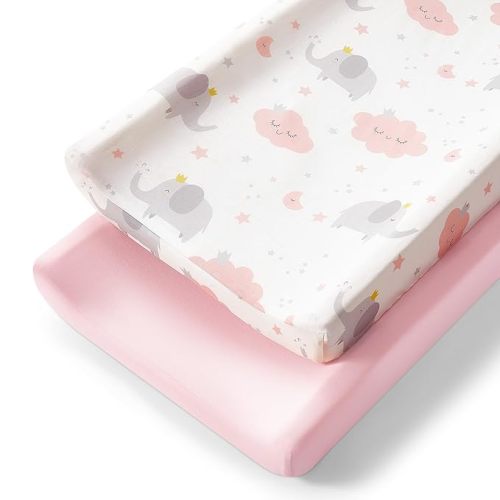 TILLYOU Changing Pad Cover Set in Soft Jersey Material - Fits 32"/34''x16 Contoured Pad for Babies,Elephant & Cloud, Pink