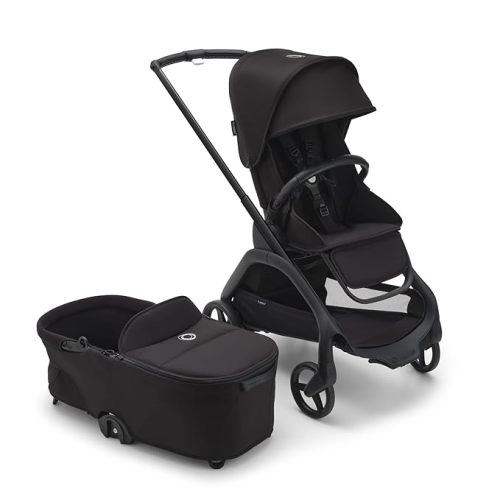 Bugaboo Dragonfly City Stroller with Full-Size Baby Bassinet and Toddler Seat, One Hand Easy Fold in any Position, Full Suspension, Large Basket, Black Chassis and Midnight Black Sun Canopy