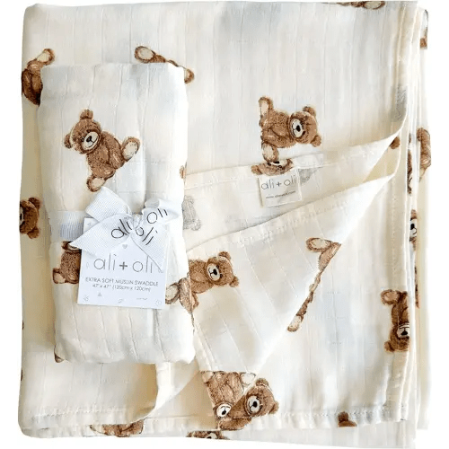 Ali+Oli Muslin Swaddle Blanket (Teddy Bear) for Baby, Soft Rayon Made from Bamboo and Organic Cotton, Machine Washable Blanket Wrap for Newborn to Toddler, Large, 47 by 47 Inches