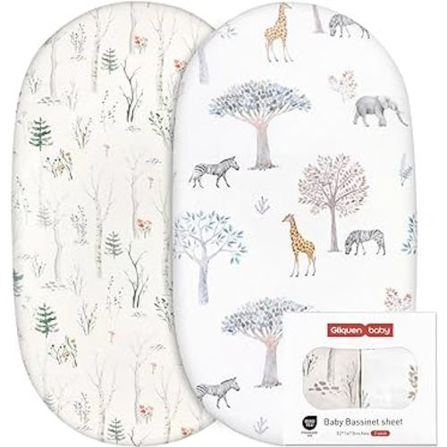 Gllquen Baby Bassinet Crib Sheets Set, Breathable Cozy Fitted Mattress Sheet, Elastic Travel Crib Fashionable Floral Pattern, Standard Cradle Safe Sheets for Baby Boy Girls 32"X16" (Forest)