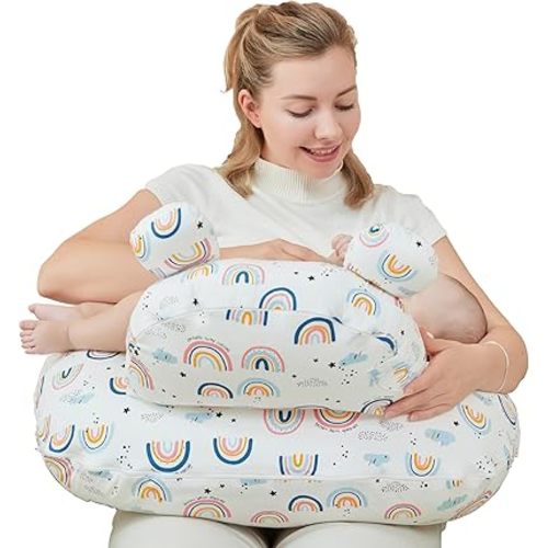 Nursing Pillow for Breastfeeding, Breast Feeding Pillow for Mom Support, Adjustable Waist Strap and Removable Cotton Cover, Rainbow