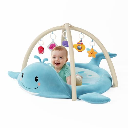 BubblinHome Baby Play Mat, Whale Tummy Time Mat with Toys, Baby Activity Gym for Infants 0–12 Months – 100% Cotton Sensory Floor Mat for Boys & Girls