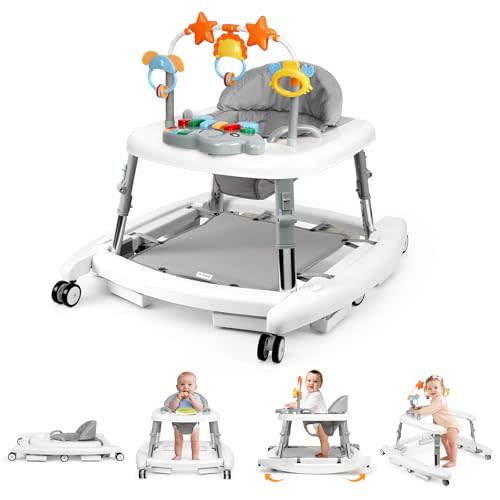 5 in 1 Baby Walker Foldable Music and Lights with 5 Adjustable Heights, Baby Walker with Wheels Portable, Infant Toddler Walker for Baby Boy Girls 6-18 Months (White)