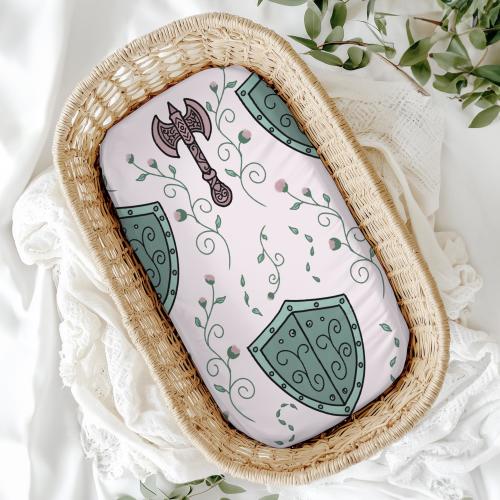 Medieval Crib Sheet – Baby Bedding with Elegant Vines, Shields & Battle Axe Design – DnD Inspired gifts– Unique Nursery Decor