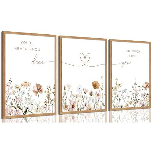 3Pcs Framed Boho Nursery Wall Art Flower Botanical Sentence Painting Picture Wall Decor Wildflower Children's Room Poster Print Artwork for Nursery Baby Room Living Room Bedroom Home Decoration
