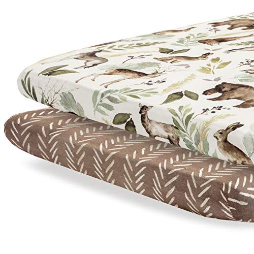 Pobibaby - 2 Pack Premium Pack N Play Sheets Fitted for Standard Pack and Plays and Mini Cribs - Ultra-Soft Cotton Blend, Stylish Woodland Pattern, Safe and Snug for Baby (Wildlife)