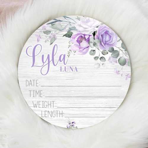 Lavender Floral Birth Stat Sign, Birth Stat Sign, Round Wood Birth Stat Sign, Purple Lavender Decor, Personalized Birth Stat Sign