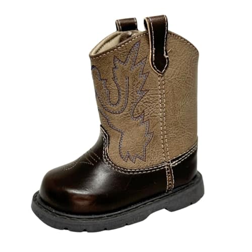Baby Deer, Faux-leather, Rubber-soled, Kids Round Toe Western Boot for Toddler Boys or Girls with Ornamental Cowboy Stitching and Hook-and-loop Closure