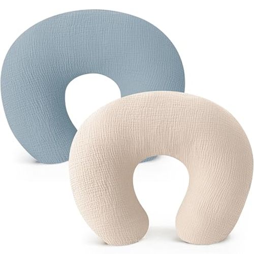 Konssy Muslin Nursing Pillow Covers, Soft and Cute Nursing Covers for Breastfeeding Pillows, Ideal for Newborn Baby Boys and Girls (Blue, Cream) - 2 Pack