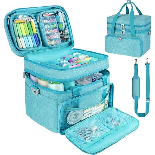 Sewing Organizer Bag with Shoulder Strap and 2 Detachable Pouches for Sewing Accessories and Supplies,Blue