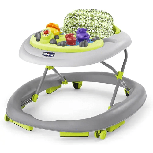 Chicco Walky Talky Foldable Baby Walker, Multilingual Play Tray with Music and Lights, 3 Height Adjustments, Brake Pads, for Children up to 26 lbs., Compact Fold | Circles/Grey/Green