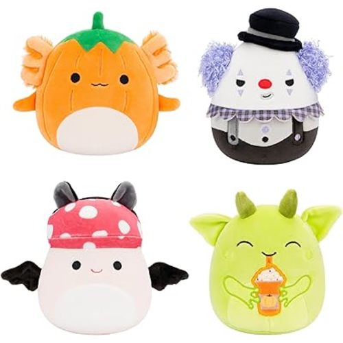 Squishmallows Original 5-Inch Halloween 4-Pack – Gabin Pumpkin Axolotl, Fitzy Goblin Holding Latte, Malcolm Bat Mushroom, Ms. K Purple Clown – Official Jazwares Plush (Little)