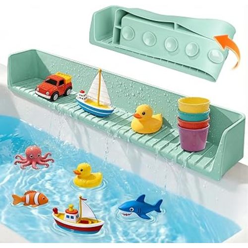 Splash Guard for Bathtub, Silicone Bathtub Splash Guard with Suction Cups, Bath Toys Holder Shelf, Bath Tub Side Tray for Bathroom Storage and Water Spill Prevention, Green