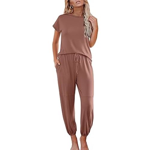 Ekouaer Pajamas for Women 2 Piece Lounge Sets Cap Sleeve Loungewear Top with Joggers Pants S-XXL