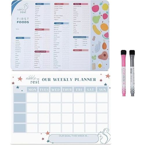 Baby's First Foods Tracker Fridge Magnet + Weekly Planner Schedule Board for Family, Dry Erase Activity Poster, Daily Food Log with 2 Erasable Pens