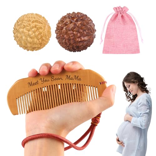 Gwabee Birthing Comb and Massage Ball for Labor Pain, Wooden Labor Comb with 2 PCS Acupressure Balls Set, Birth Comb for Moms Pain Relief, Pregnancy Hospital Bag Essentials for Pregnant Women