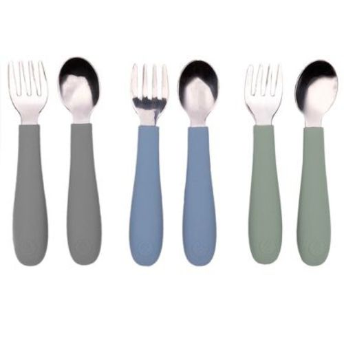 WeeSprout Toddler Utensils, 3 Forks & 3 Spoons, 18/8 Stainless Steel & Food Grade Silicone - Matte Dark Gray, Blue, Green