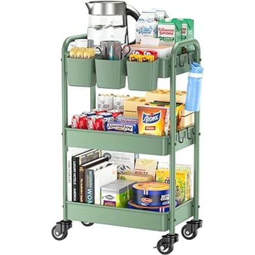 YASONIC 3-Tier Rolling Cart, Green, 66 Pounds Capacity, Mesh Storage Organizer with Lockable Wheels, 3 Hanging Cups, 4 Hooks, Easy Assembly, for Kitchen, Bathroom, Laundry, Grocery