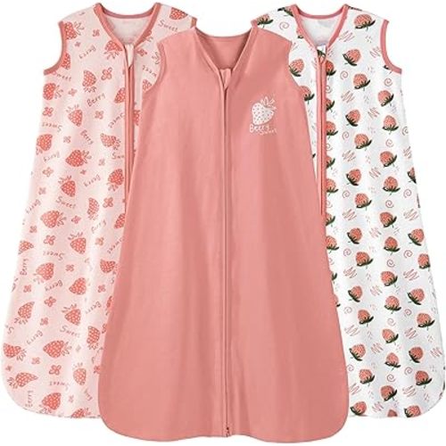 Baby Sleep Sack 0-6 Months 3 Pack 100% Cotton Lightweight 0.5 TOG Wearable Blanket Baby Sleep Bag with 2-Way Zipper for Newborn Infant Strawberry