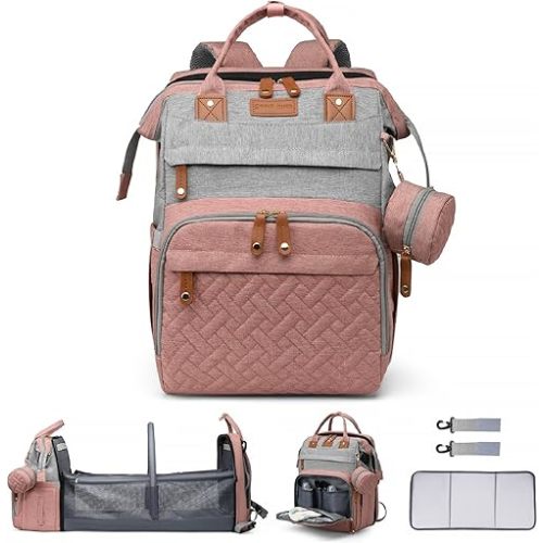 Diaper Bag Backpack Baby Diaper Bag Multifunctional Waterproof Diaper Bag with Changing Station Travel Backpack with Changing Pad, Baby Baby Pacifier Case & Stroller Straps(PinkGrey)