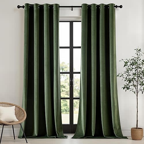 EMEMA Olive Green Velvet Curtains 84 Inch Length 2 Panels Set Room Darkening Luxury Grommet Thermal Insulated Drapes Window Curtains for Living Room W52 x L84